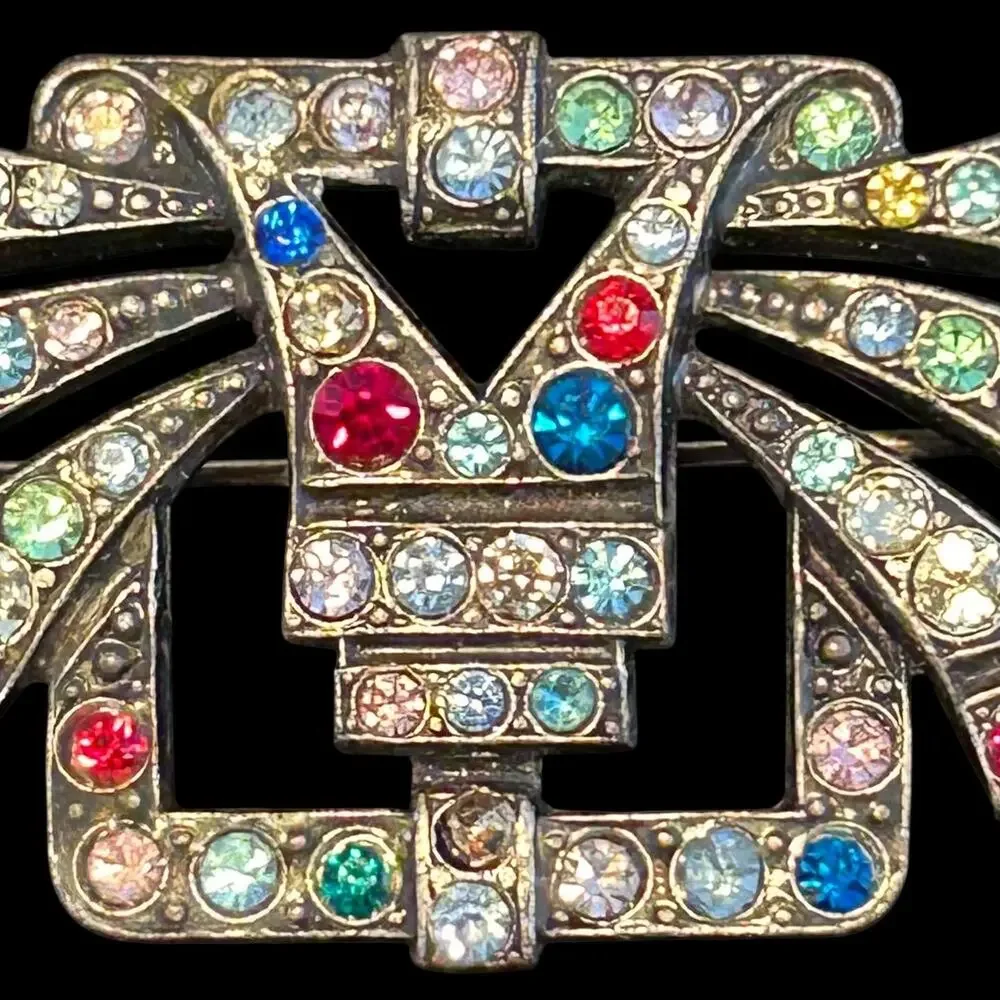 Art Deco Rhinestone Brooch Czech Glass Multicolor Stones Trombone Clasp 1920s